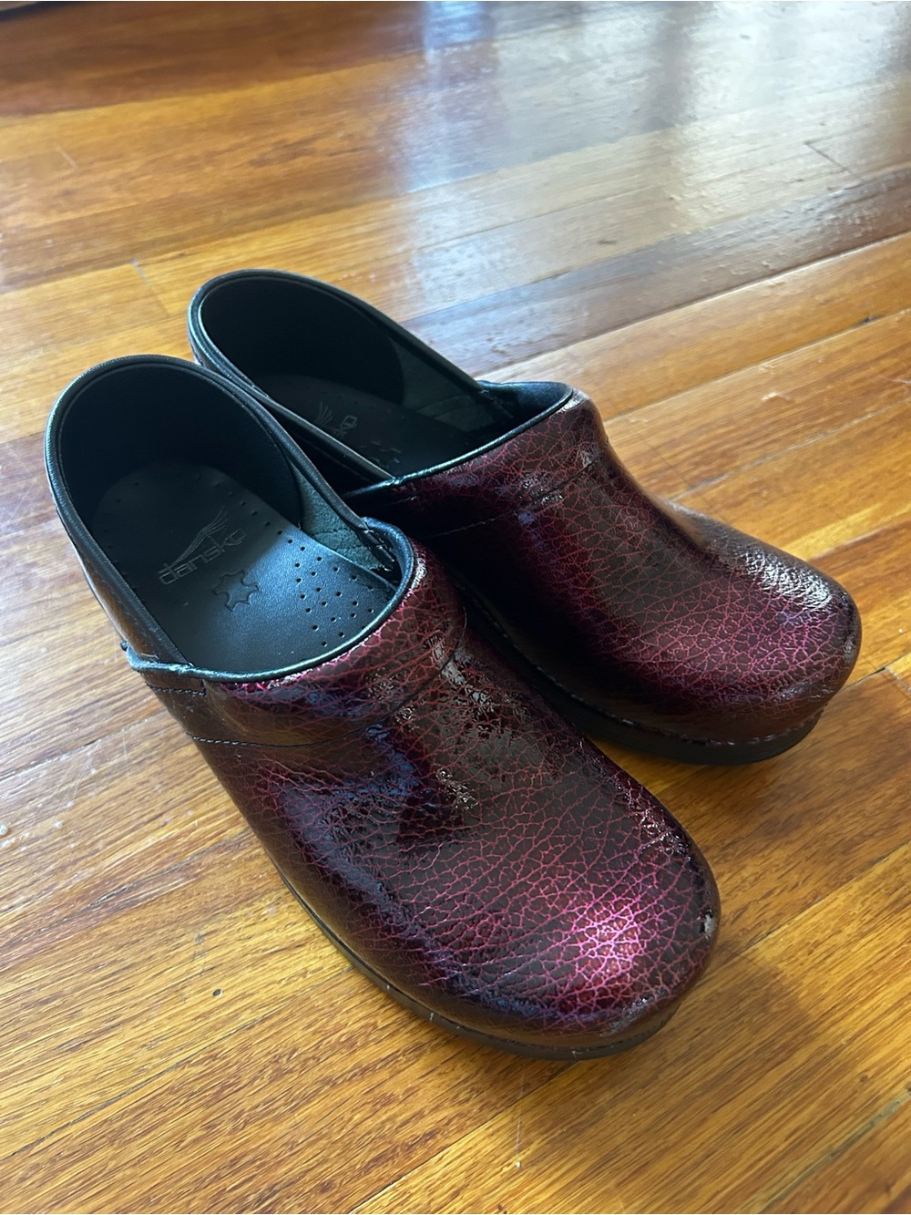 Dansko Burgundy Crackle Leather Clogs